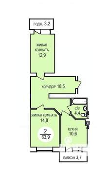 2-к квартира, вторичка, 64м2, 4/5 этаж