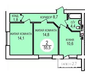 2-к квартира, вторичка, 56м2, 5/5 этаж