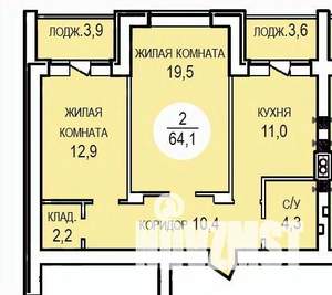 2-к квартира, вторичка, 64м2, 1/4 этаж