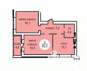 2-к квартира, вторичка, 62м2, 4/4 этаж