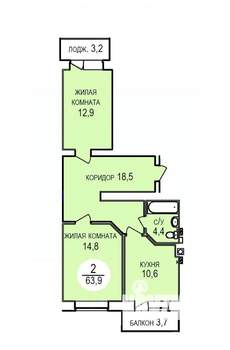 2-к квартира, вторичка, 64м2, 1/5 этаж