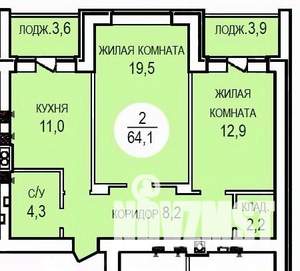 2-к квартира, вторичка, 64м2, 4/4 этаж